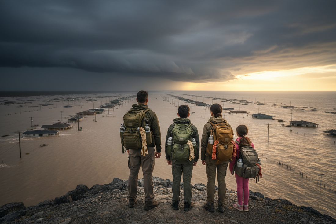 Family carrying emergency go bags on high ground above a flooded coastal area after an evacuation