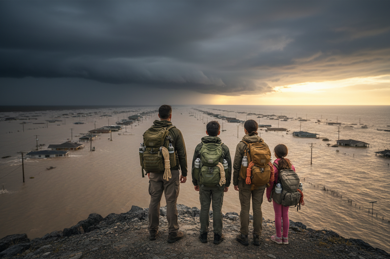Family carrying emergency go bags on high ground above a flooded coastal area after an evacuation