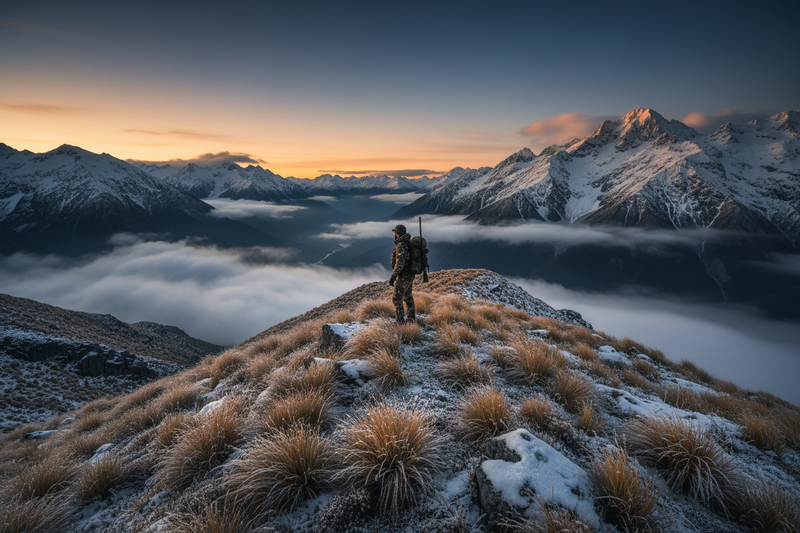 Hunter standing on NZ backcountry ridge in winter gear overlooking misty mountain valley