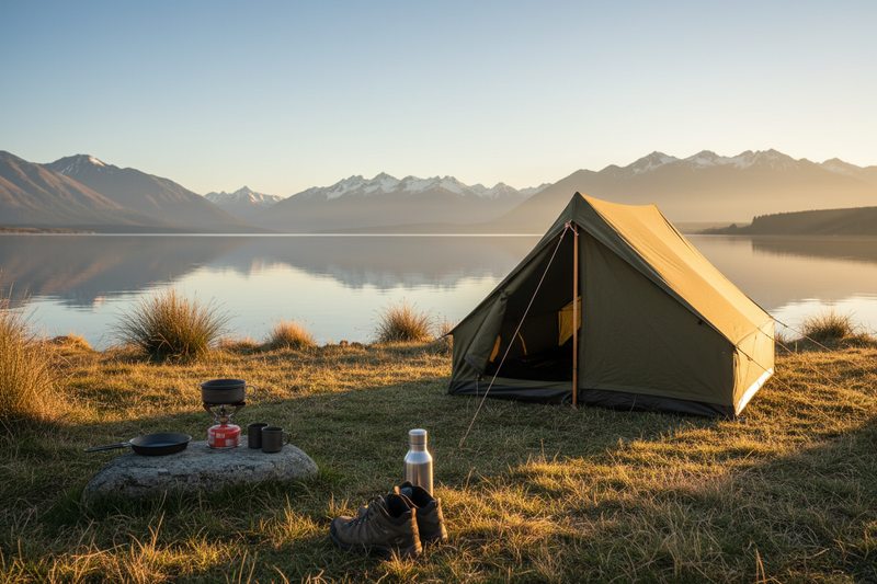 New Zealand summer camping campsite with tent, portable camping stove and camp cookware beside a lake