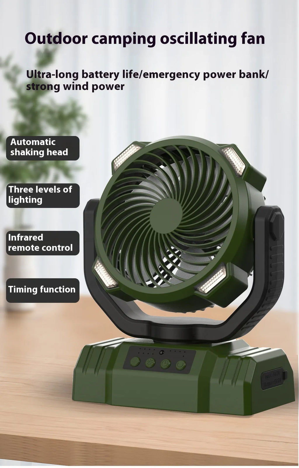 Outdoor Camping Fan with Power Bank and LED Light - Portable 3-Speed Fan