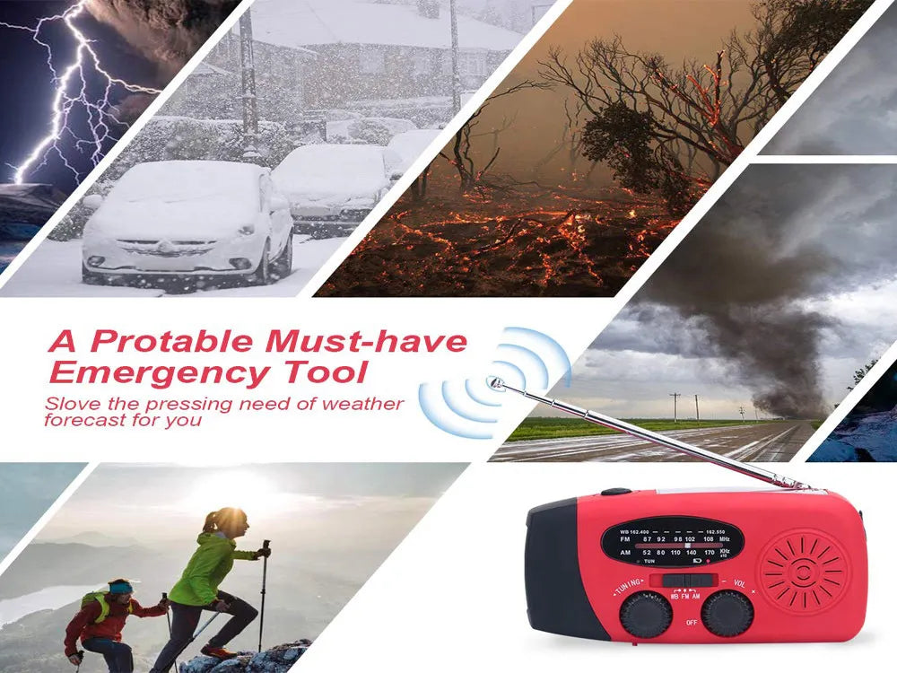 Portable Emergency Weather Radio with Solar, Hand Crank and LED Flashlight
