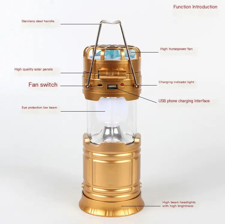 Solar Camping Lantern Fan - 2-in-1 Rechargeable LED Light with Cooling Fan