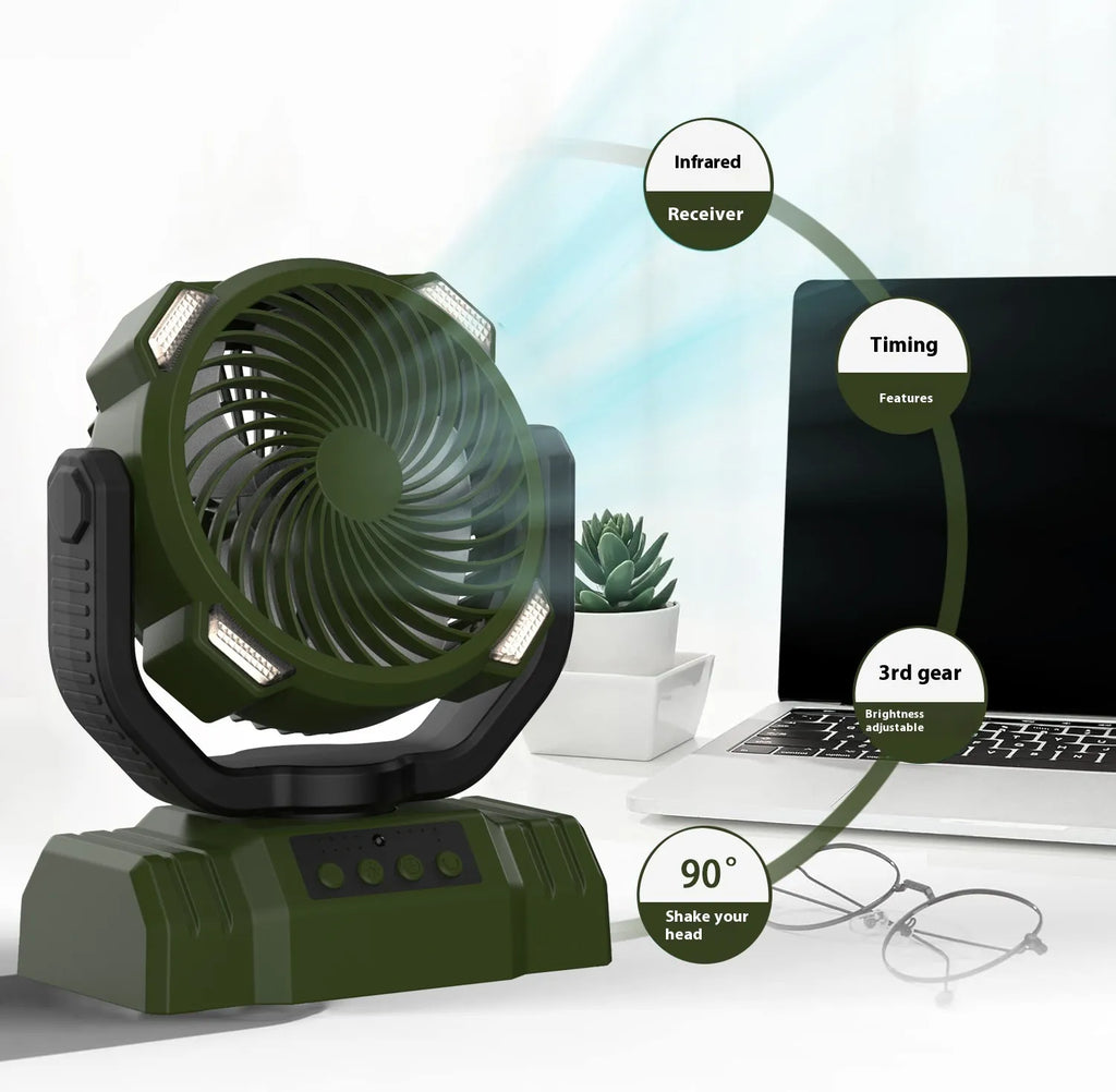 Outdoor Camping Fan with Power Bank and LED Light - Portable 3-Speed Fan