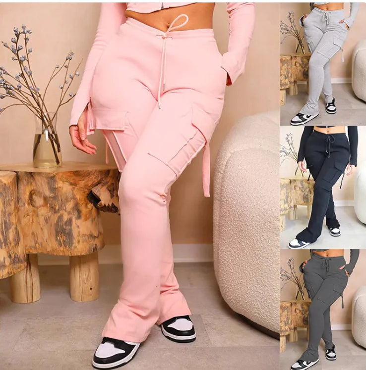 High-Waist Utility Cargo Pants for Women - Wide Leg Multi-Pocket Drawstring Pants