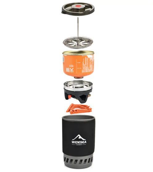 Portable Camping Coffee Maker Set - 0.9L French Press with Integrated Gas Stove System