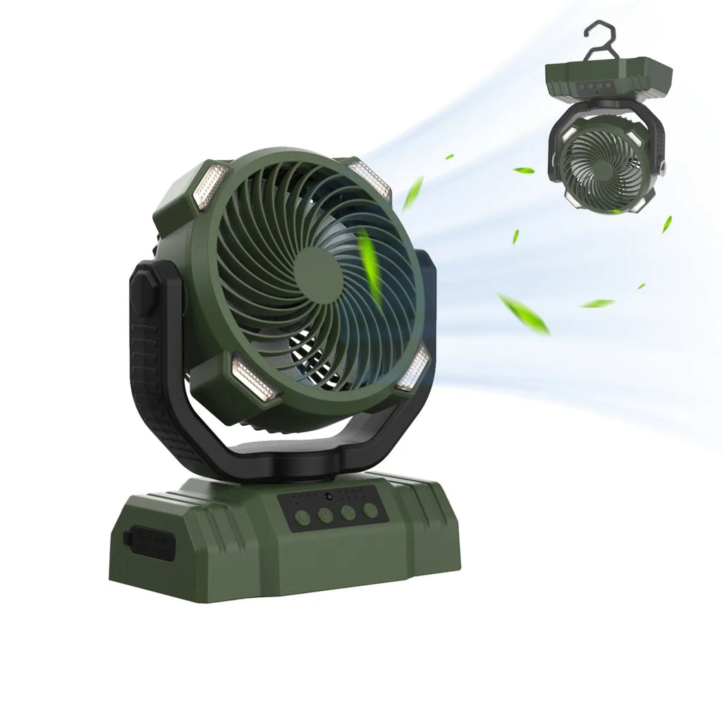 Outdoor Camping Fan with Power Bank and LED Light - Portable 3-Speed Fan