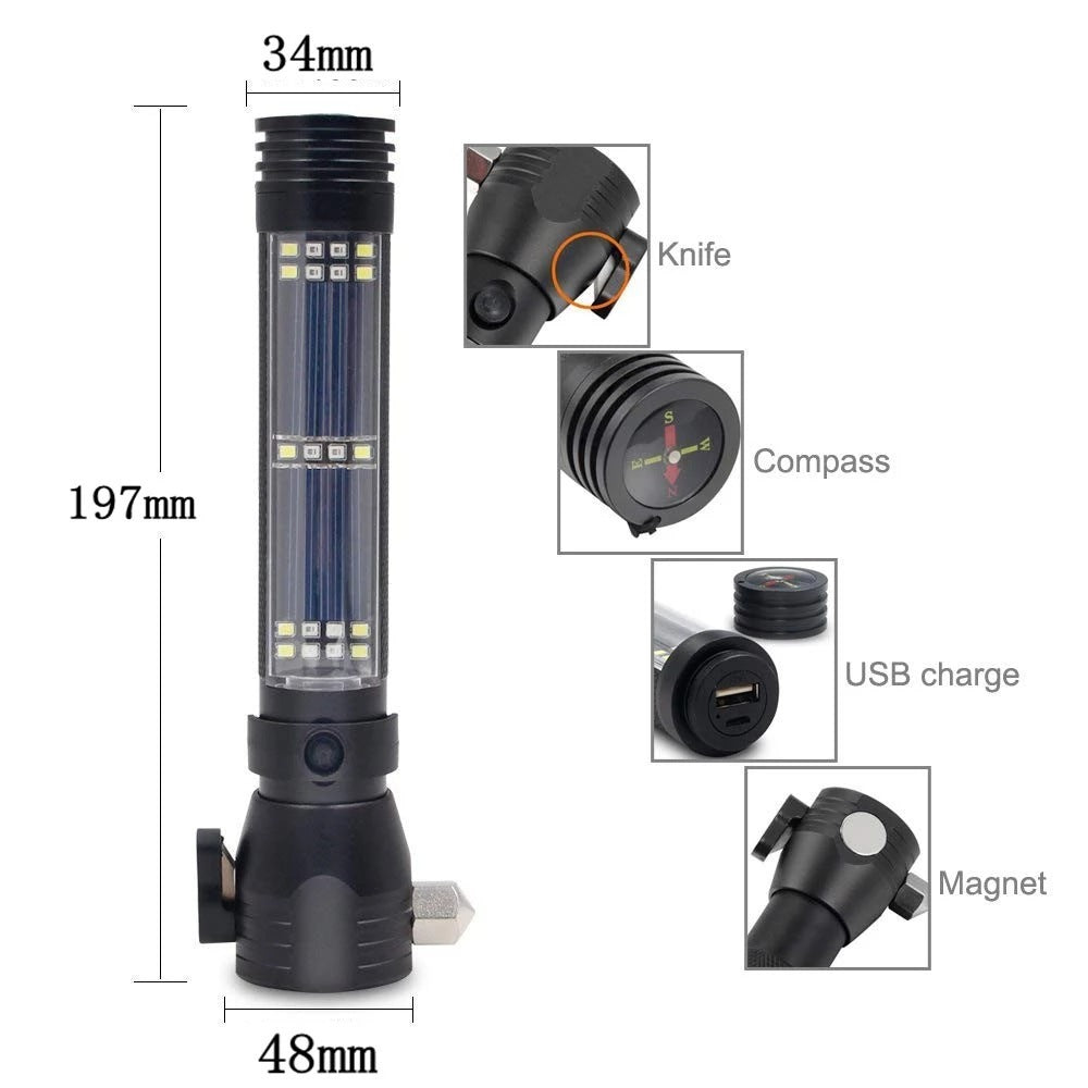 High-Power Solar Rechargeable Flashlight with Emergency Hammer
