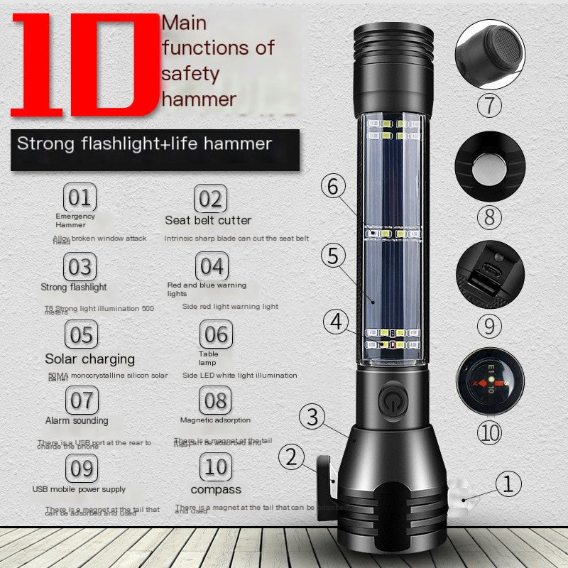 High-Power Solar Rechargeable Flashlight with Emergency Hammer