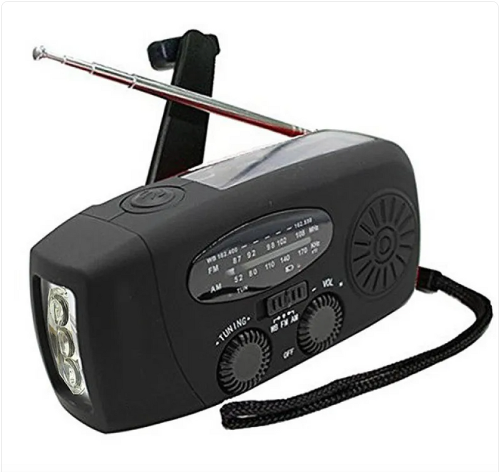 Portable Emergency Weather Radio with Solar, Hand Crank and LED Flashlight