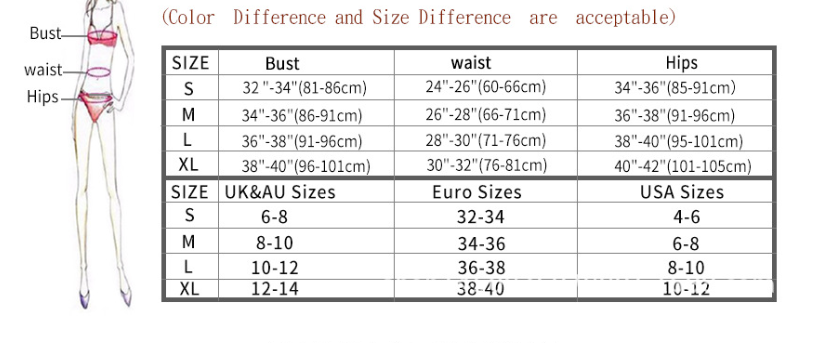 Supplier bikini size chart with bust, waist and hip measurements and international size references; listing offers S, M and L