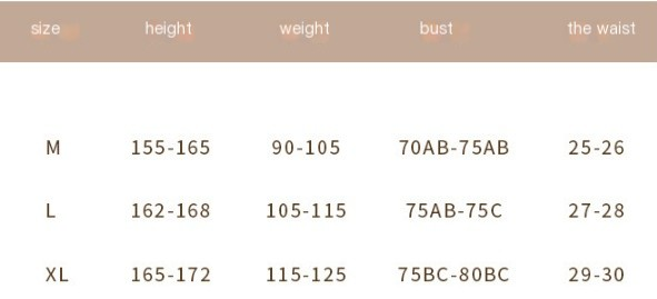 Supplier size chart for women's halter swimsuit in M, L and XL with height, weight, bust and waist columns; measurement units not specified